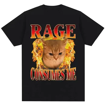 RAGE CONSUMES ME Funny Cat T-Shirt Angry Flaming Kitten Graphic Tee with Fire Effect Black Top for Men Women Humor Gift 1