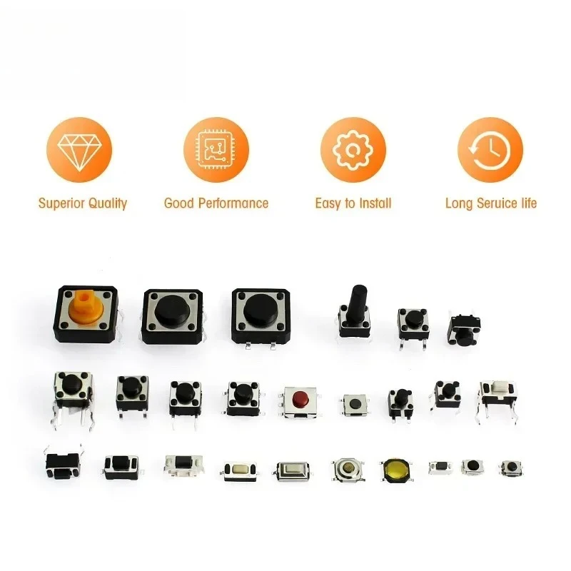 125Pcs 25Types Micro Switch Push Button Tact Switches Reset SMD DIP 2x4 3x6 4x4 6x6 DIY Assorted Kit for Electronics Projects