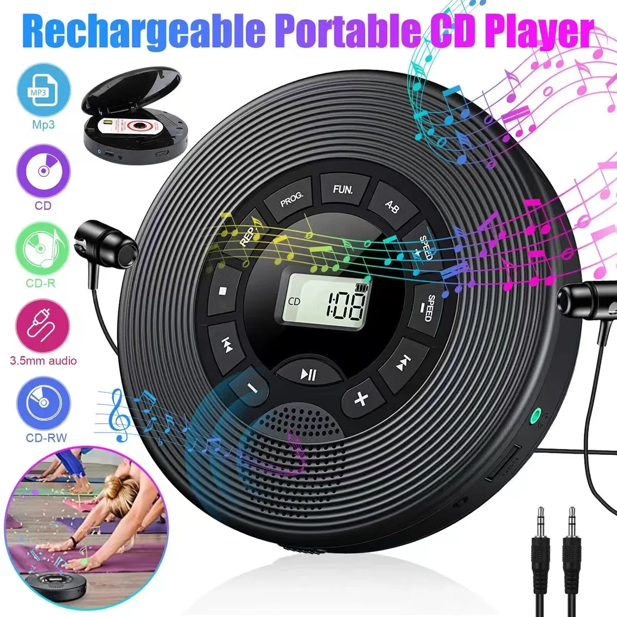 Portable CD MP3 Player with Anti Skip Protection Stereo Speaker play speed adjustment AUX input USB player