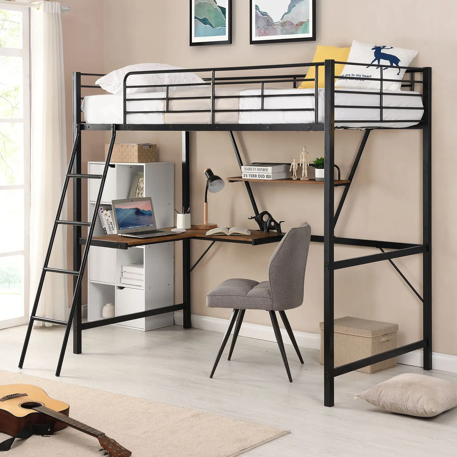 2 People Metal Loft Bed With Lshaped Desk And Shelf Ubuy Hong Kong