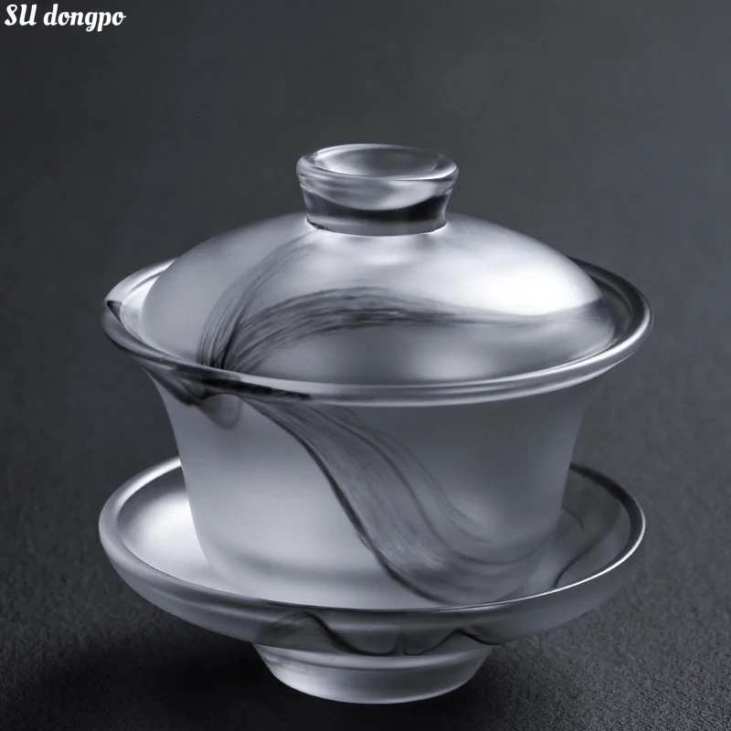 Chinese Ink Gaiwan Large Capacity Ink Glass Covered Bowl-Tianquan Thickened Kung Fu Tea Bowl High Grade Exquisite Tea Set