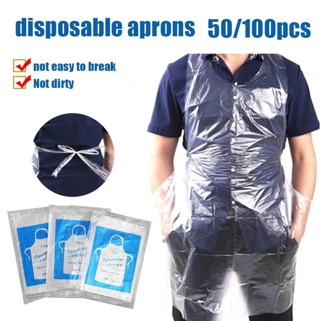 Disposable Aprons - 100 Plastic Aprons for Painting, Cooking or