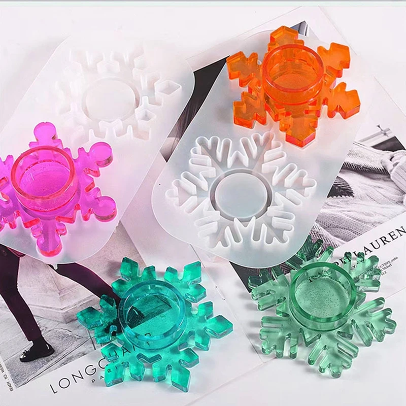 DIY Resin Silicone Mold Christmas Snowflakes Candle Holder Plaster Molds Scented Tealight Lamp Holder 2 Holes Concrete Mold