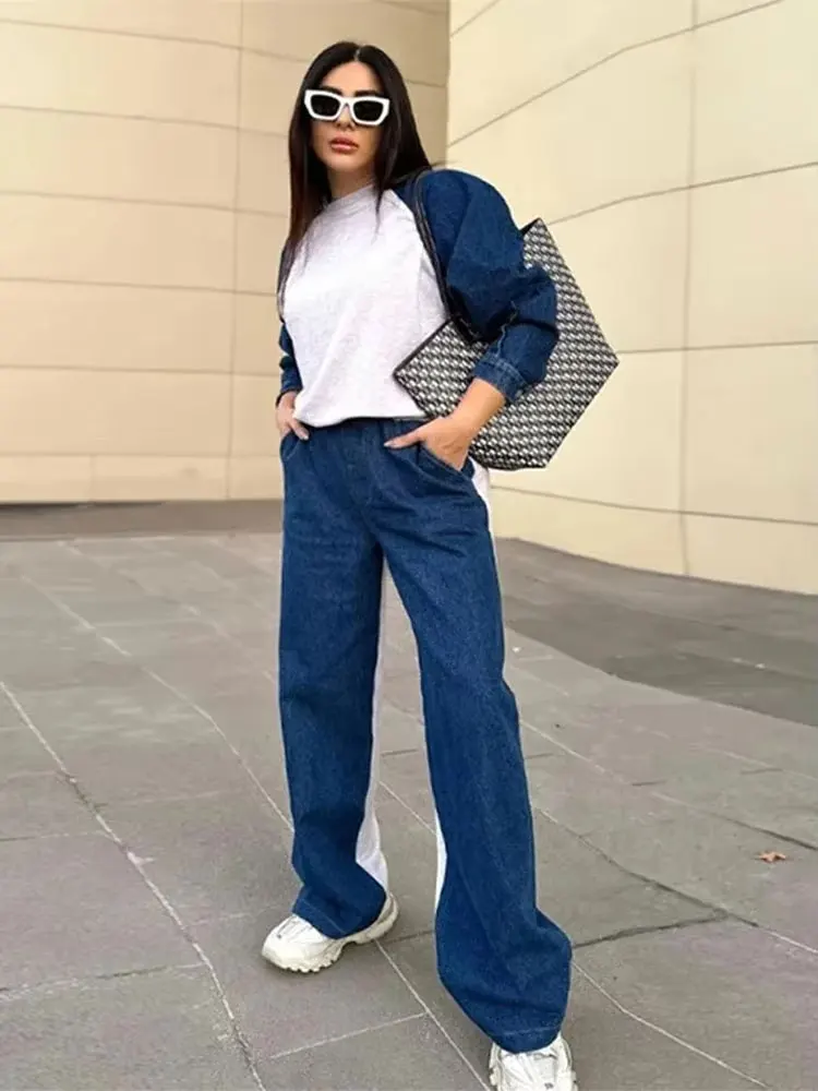 HH Women Denim Patchwork Coat Pants Suits O Neck Long Sleeve Pullover Sweatshirts Elastic Waist Trousers Autumn Office Lady Sets