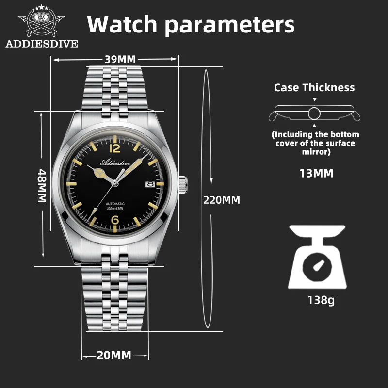 ADDIESDIVE Men's Watches Jubilee Strap Luminous 100m Waterproof 316L Stainless Steel Automatic Mechanical Watch Reloj Hombre