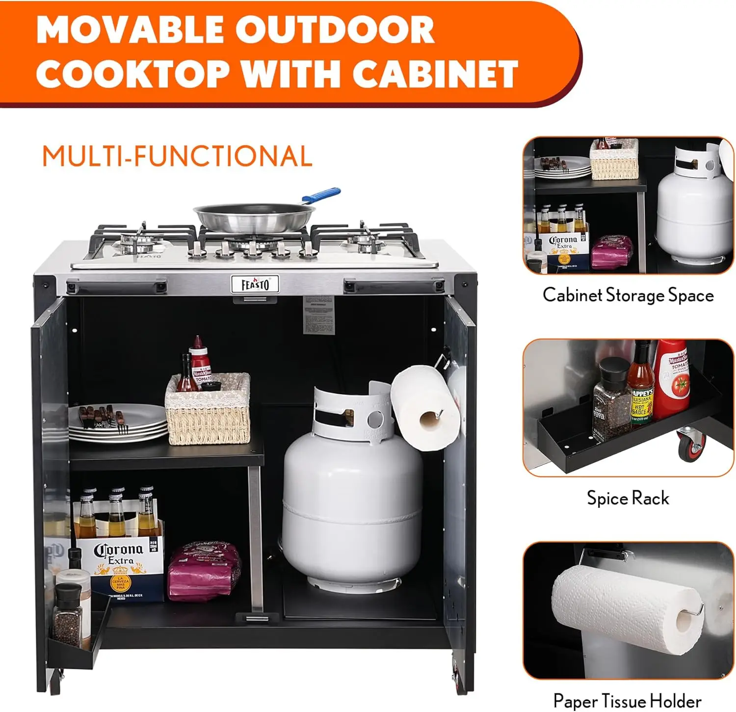 Movable Outdoor Gas Stove Stainless Steel Top with Cabinet, 5 Burners with 36,200 BTUs, Outdoor Propane Grill for Outdoor Cookin 5