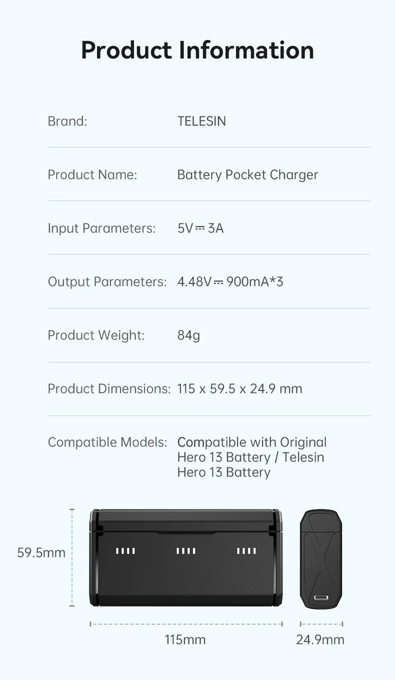 TELESIN Pocket Charger For Hero 13 TF Card Storage 3 Slots Battery Fast Chargin