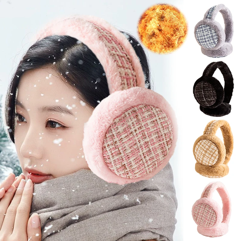 보온 소프트 플러시 귀마개, 체크 무늬 두꺼운 이어 워머, 야외 스포츠 방한 접이식 이어 커버, 겨울 패션