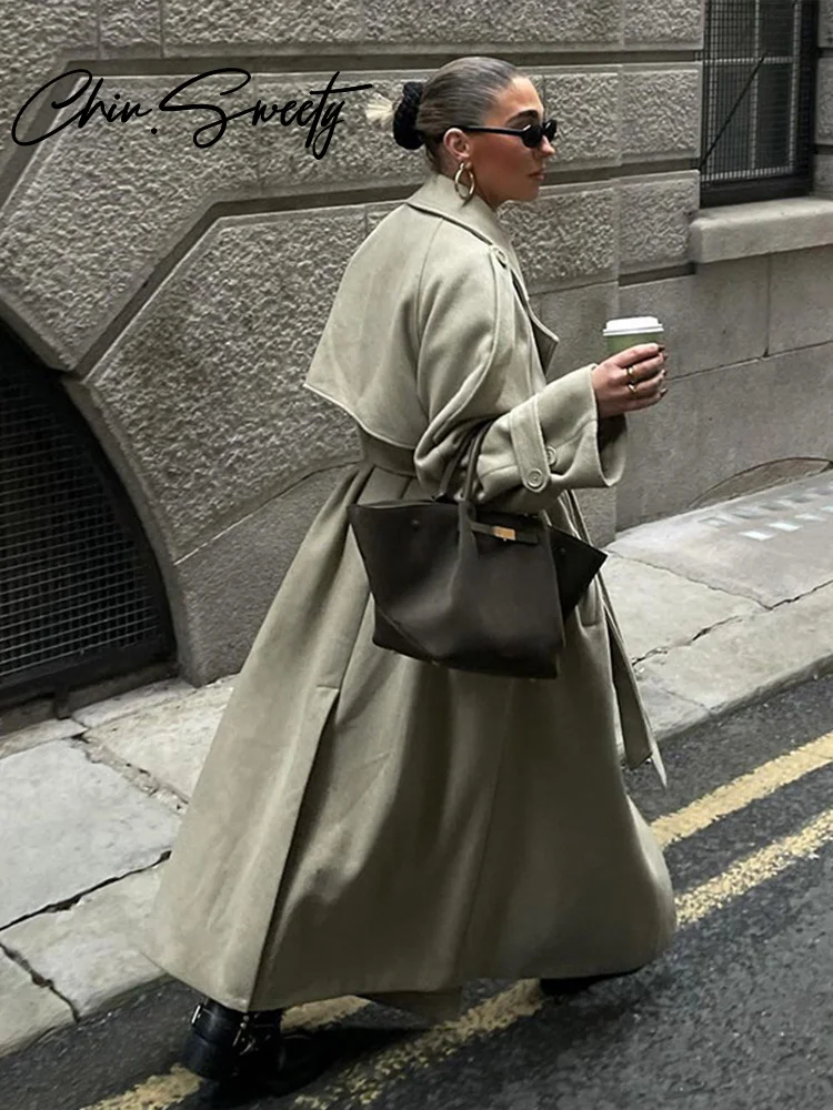 Casual Long Women Coat Urban Full Sleeve Double Breasted Belt Pocket Female Jacket 2024 Autumn Winter Elegant Lady Overcoat 2
