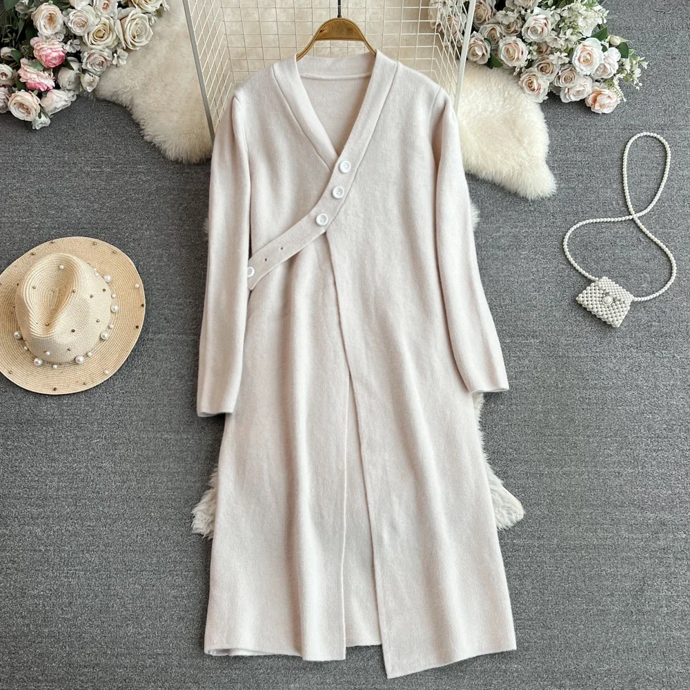 

VANOVICH Temperament Fashion V-neck Cardigan Knitting Dress 2023 Autumn and Winter New Design Loose and Slim Long Sweater Coat