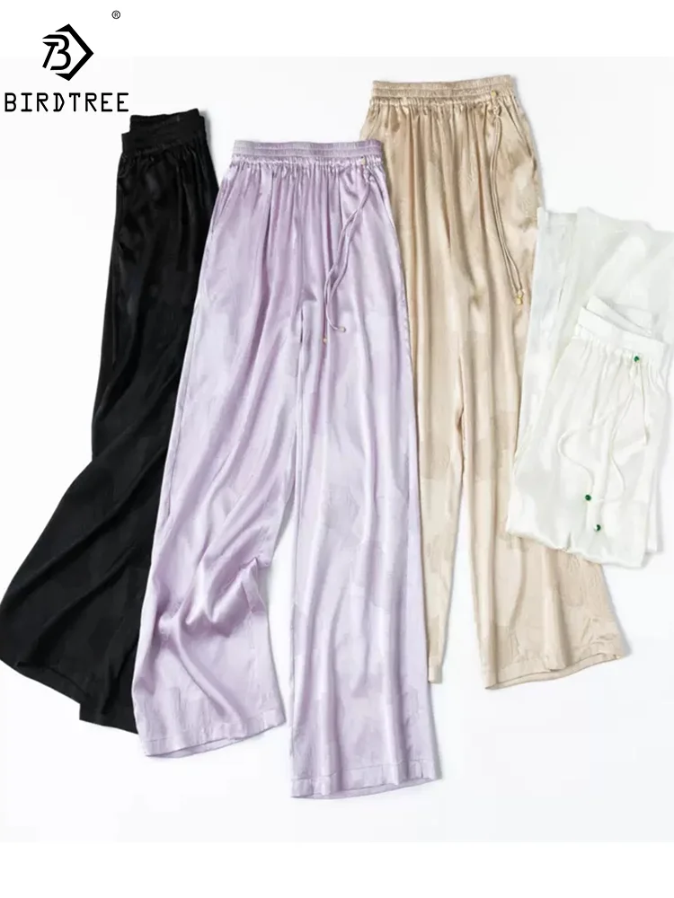 

BirdTree, 93% Silk Elegant Wide Leg Pants, Women Mid Waist Jacquard Satin, Retro Loose OL Casual Trouser, 2024 Summer B455140QM