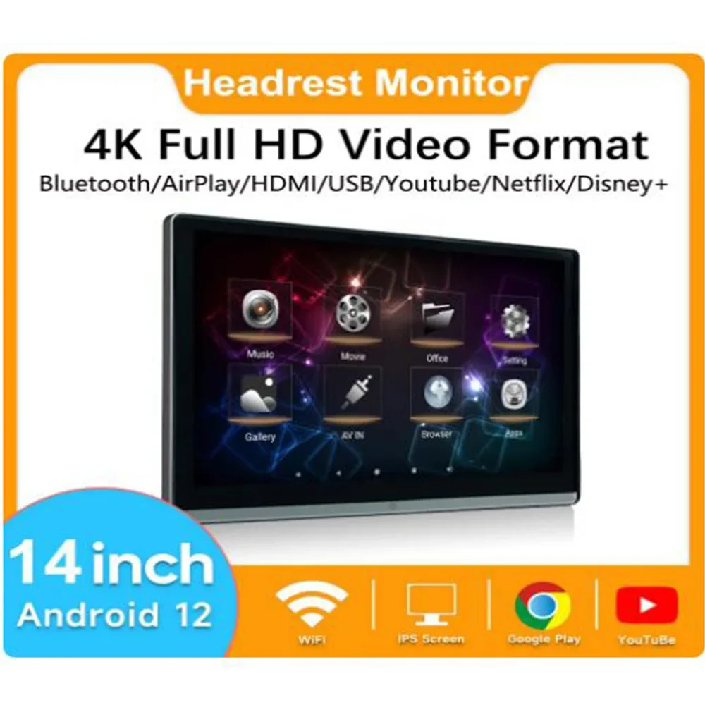 

14" Car Headrest Monitor Display IPS Android 12 Touch Screen For Car Rear Seat Player Video Music FM Bluetooth AirPlay Dual HDMI