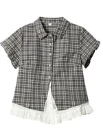 Chemisier Femme Été à Manches Courtes, Motif Carreaux et Dentelle, Style Vintage Rétro Japonais Kawaii, Coupe Slim, Mignon et Décontracté 5