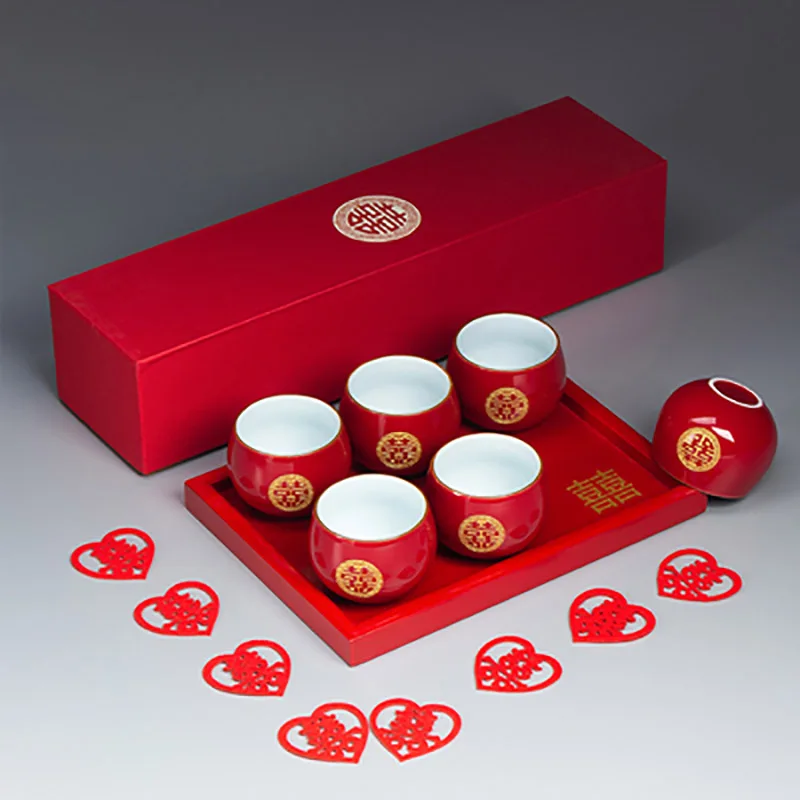 Ceramics Chinese Traditional Red Wedding Tea Cup Porcelain Teacups Luxury Souvenir Marriage Gifts For Bride and Groom