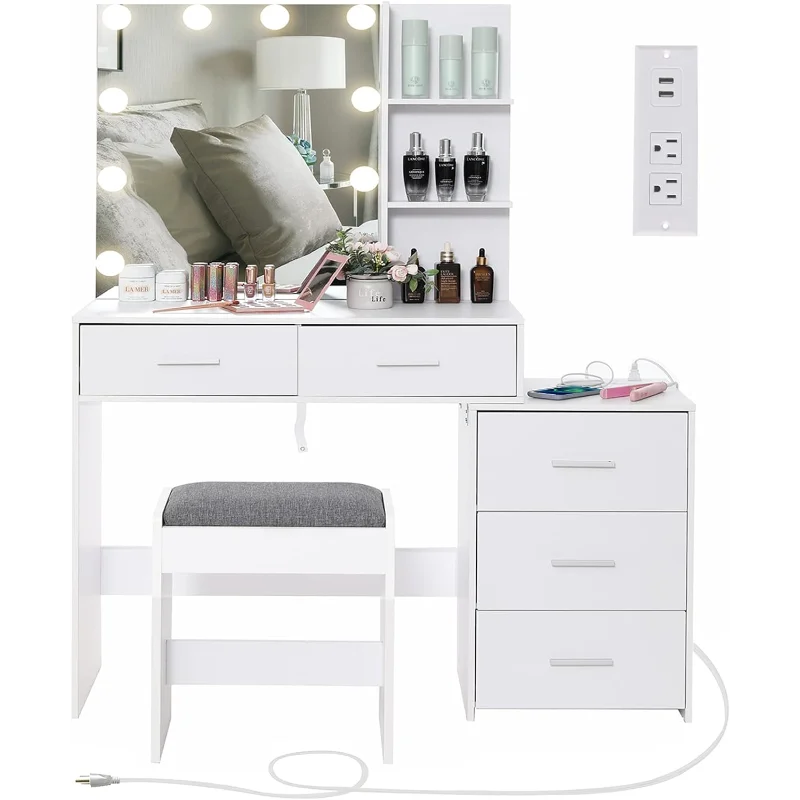 

USIKEY Large Vanity Set with 10 LED Lights and Charging Station, Makeup Vanity Dressing Table with 5 Drawers, Storage Shelves