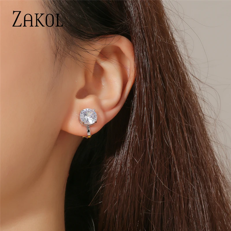 7mm Cubic Zirconia Round Piercing Clip Earrings for Women Fashion CZ Crystal Ear Cuffs Female Wedding Party Gift Jewelry ear clip earrings,clip earrings,ear clip,ear accessories