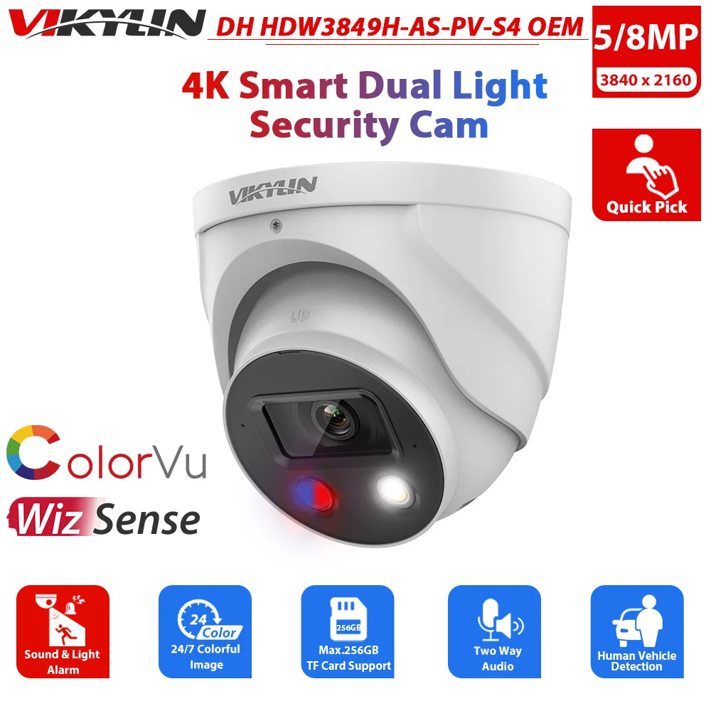 

Vikylin 8MP WizSense Outdoor Security Camera For Dahua 4K Full-Color HDW3849H-AS-PV-S4 OEM Tioc Cam 5MP Two Way Audio SD Alarm