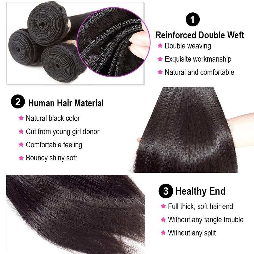 Human Hair Bundles 1/3 Piece Hair Extension For Women Brazilian Straight Human Weave Bundles Natural Black Remy Bundle