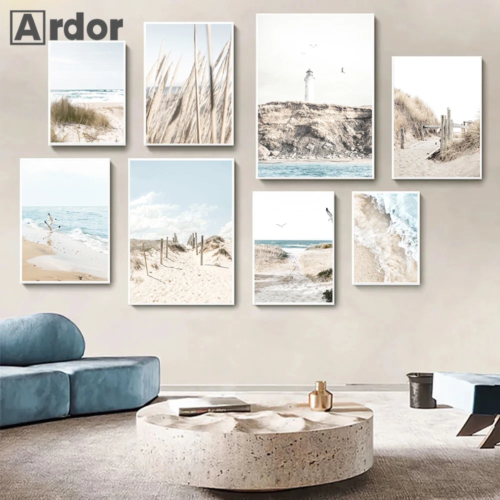 

Sea Landscape Lighthouse Posters Beach Wave Seagull Canvas Painting Grass Reed Art Prints Nordic Wall Pictures Living Room Decor