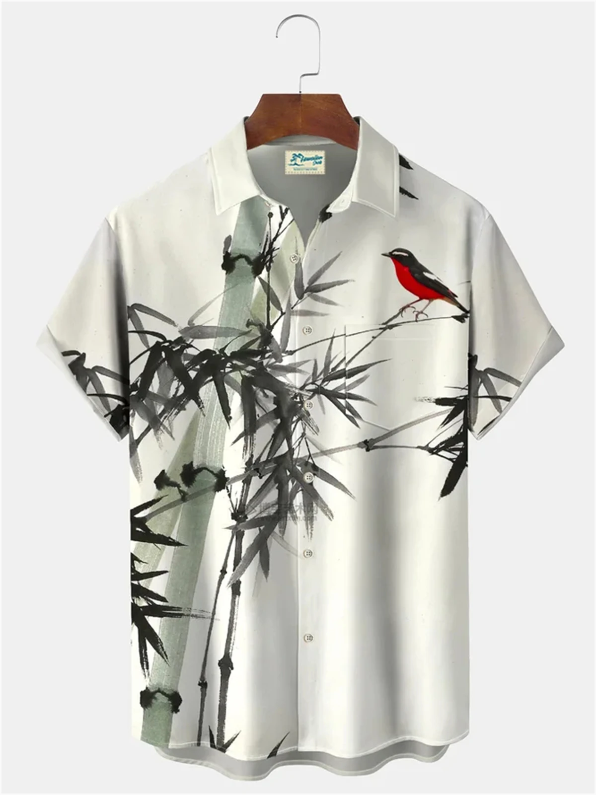 

Ink Painting Bamboo Forest Bird Print men's short-sleeved Shirt Fashionable Lapel men's Large Size Casual Top 2024 New Style
