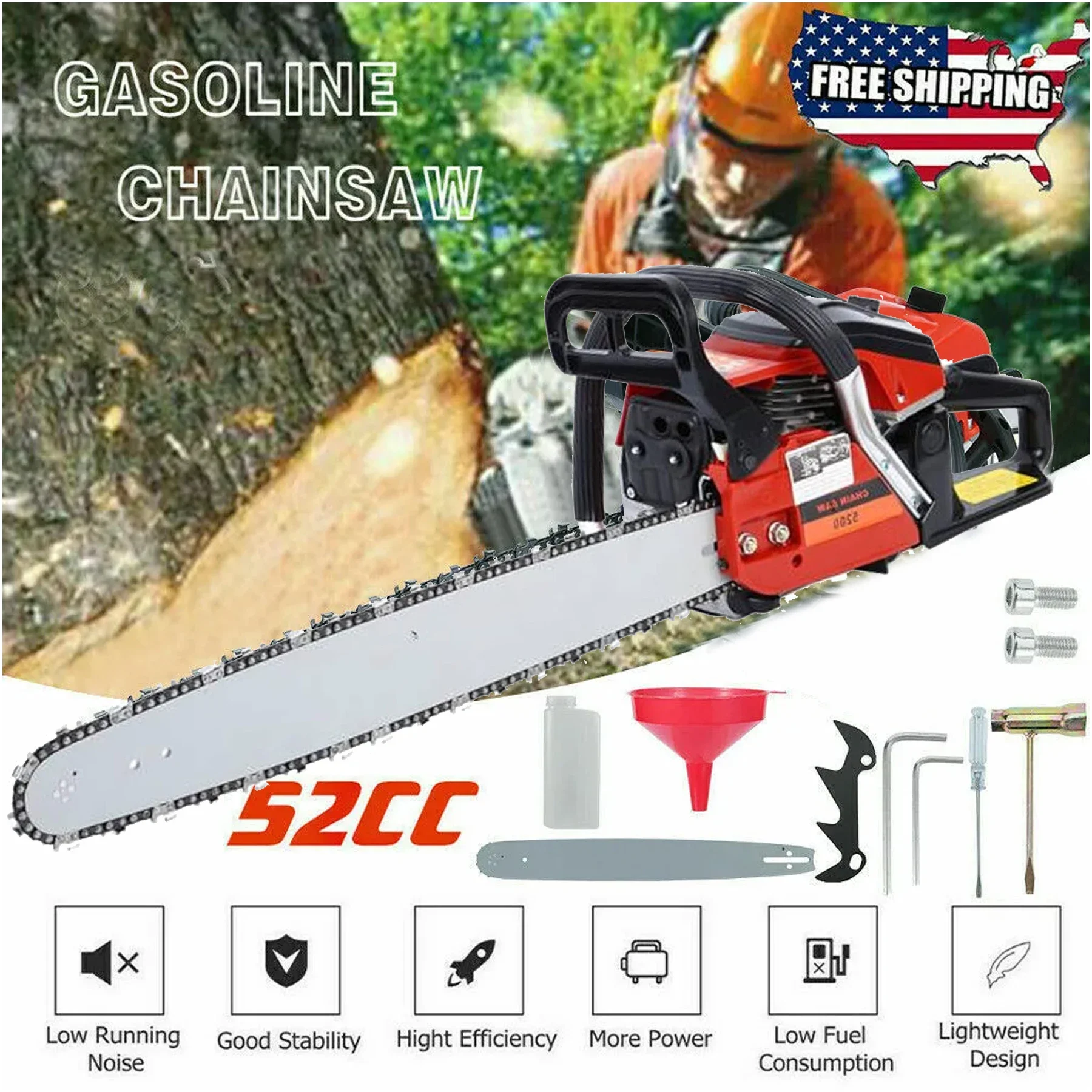 (Ship from USA) Gas Chainsaw Gasoline Powered Chainsaws Chain Saw Gas 2-Stroke 52cc Heavy Duty 22" Blade Chainsaw 2