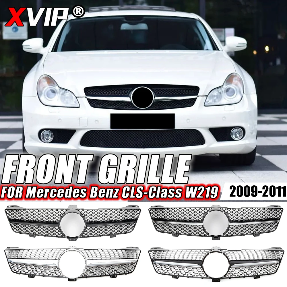 XVIP 크롬 다이아몬드 스타일 레이싱 그릴, 메르세데스 벤츠 CLS W219 CLS500 CLS550 2009-2011 광택 블랙 GTR 스타일 어퍼 그릴
