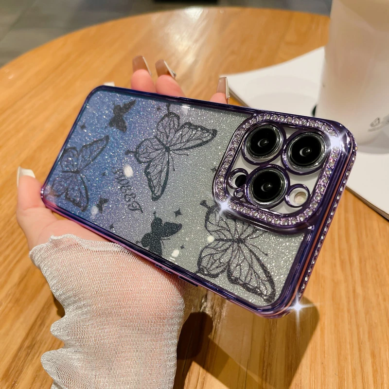 Glitter Butterfly Diamond Camera Protector Case For iPhone 11 12 13 14 Pro Max Plating Transparent Soft Silicon_voghion.com
