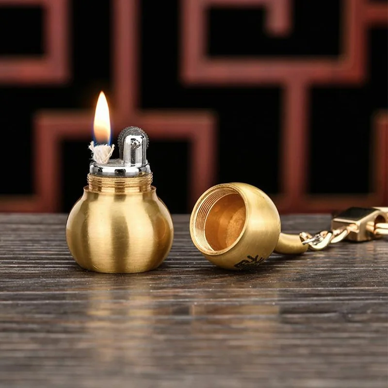 CHIEF Pure Copper Gourd Keychain Pendant Kerosene Lighter Personality Vintage Grinding Wheel Retro Portable Cigarette Lighter