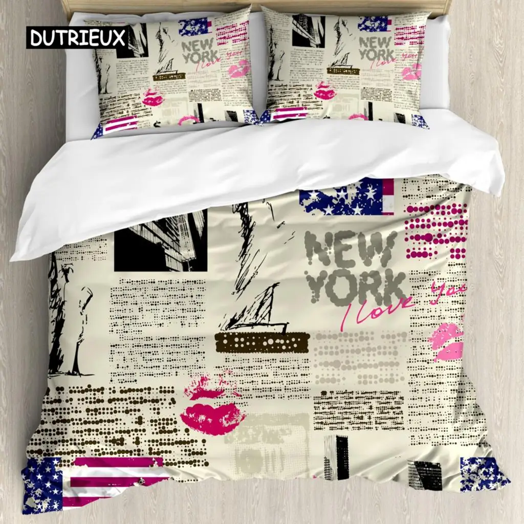 

United States Duvet Cover Set Newspaper New York With Texts Lipstick Vintage Bedding Set Double Queen King Polyester Qulit Cover