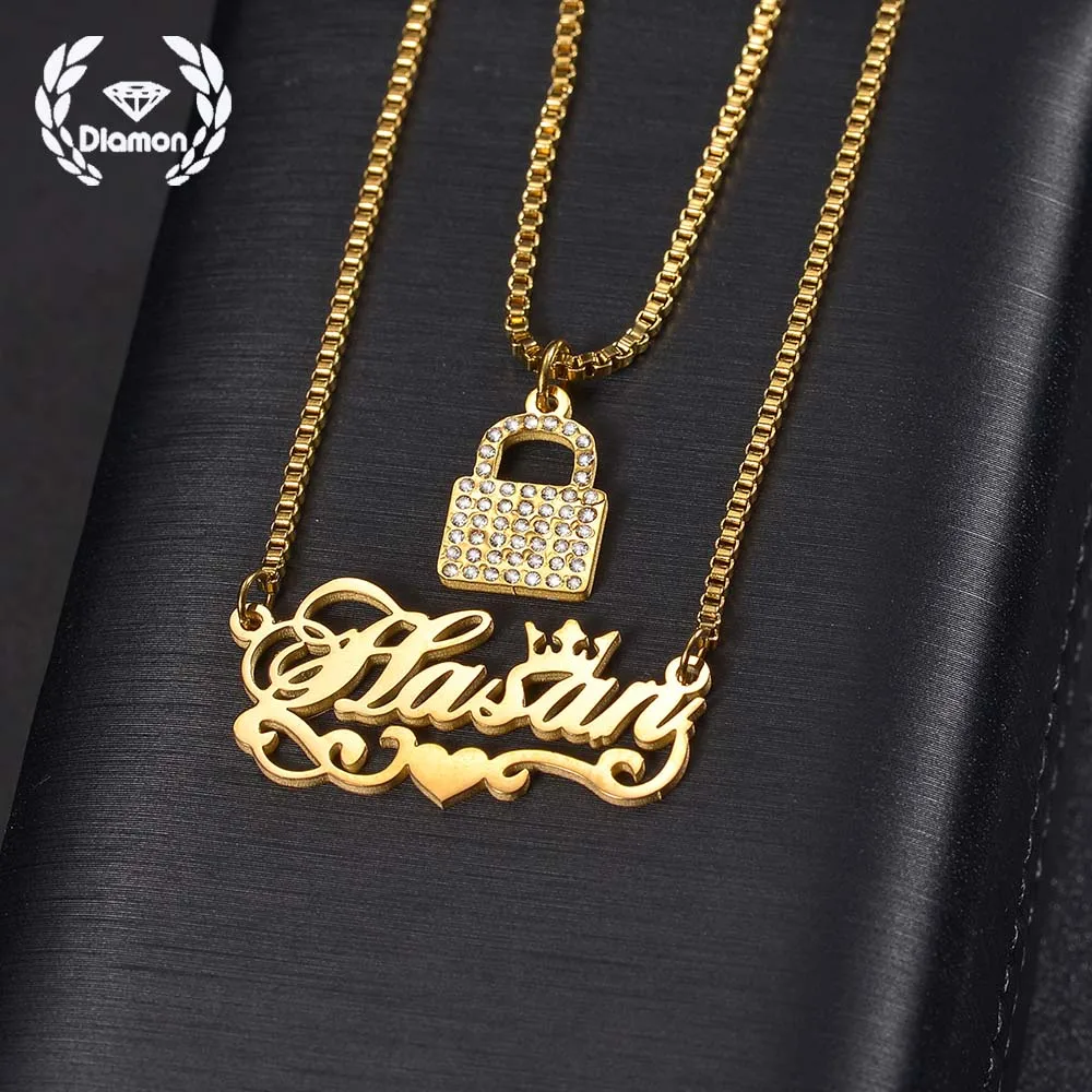 

Diamon Personalized Custom Name Necklace Stainless Steel Jewelry Double Layers Zircon Lock Nameplate for Women Jewelry Gifts
