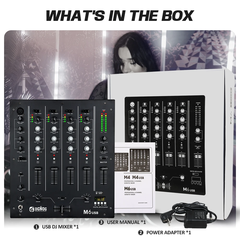DGNOG M6 USB 4-Channel DJ Mixer with Built-In Audio Interface 3-Band EQ Microphone Input and Replaceable Crossfader for DJ Stage