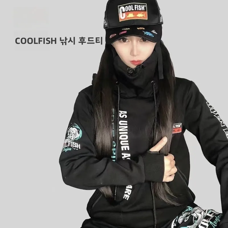 COOLFISH 겨울 낚시 후드티 고밀도 자수 플리스 안감 방풍 방한 유니섹스 아웃도어 캠핑 여행용품