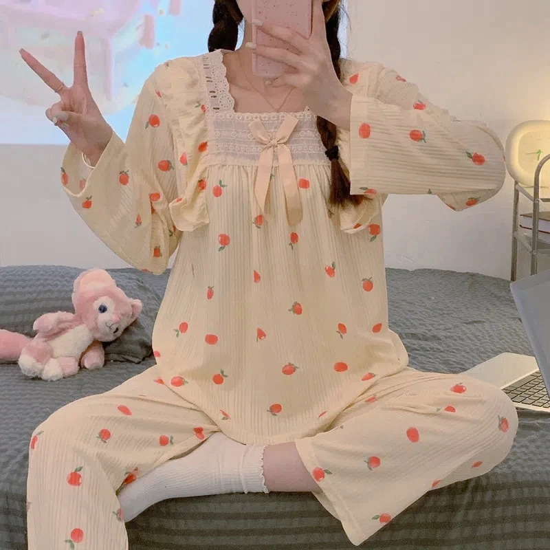 Spring Autumn Sweet Lolita Pajamas Suit Women Kawaii Lace Bow