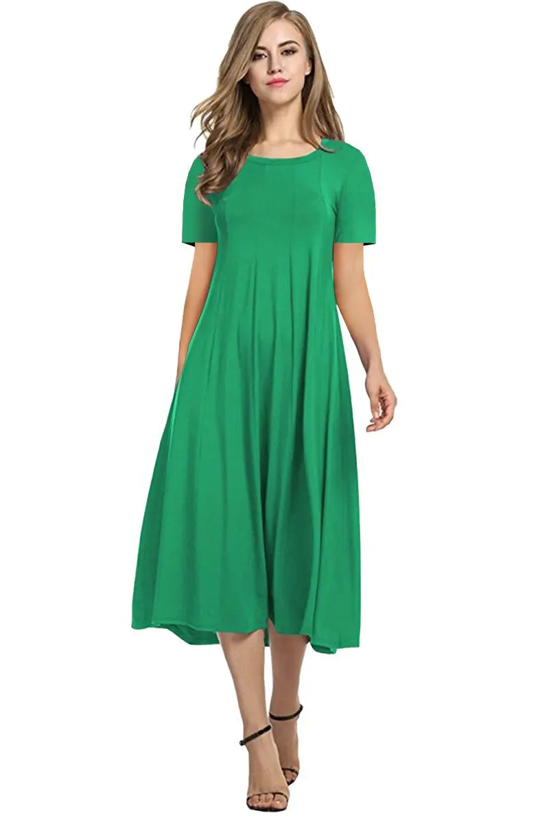 2026 European and American Summer Women's Round Neck Short Sleeve Solid Color Flared Dress