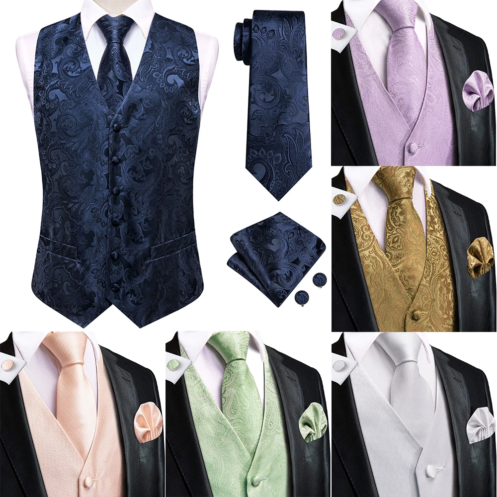 

Formal Navy Blue Mens Silk Vest New Paisley Jacquard Handkerchief Cufflinks Necktie Sleeveless Wistcoat Set Business Gift Hi-Tie