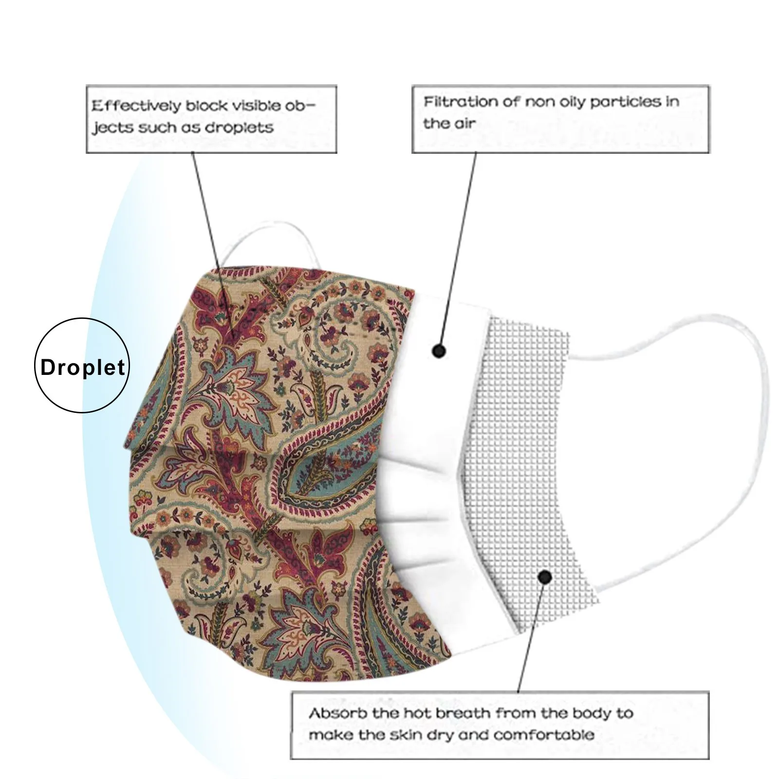 10PCS Adult's Disposable Mask Paisley Print Face Cover Industrial 3Ply Ear Loop Mascarillas Quirúrgicas Homologadas Masque 5