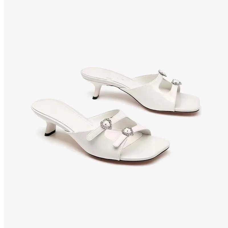 New European and American Fashion Open Toe Water Diamond Love Small Solid Color Square Headed Thick Heel Women's Sandals