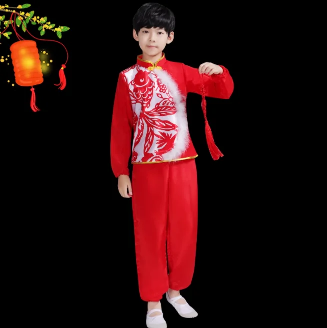 Red Yangko Costume Dance Dress Chinese Traditional Costumes Stage Performance Costume For Children's Classical Stage Costumes Umbrella Fan Dance Clothing National Hanfu Yangko Dance Wear