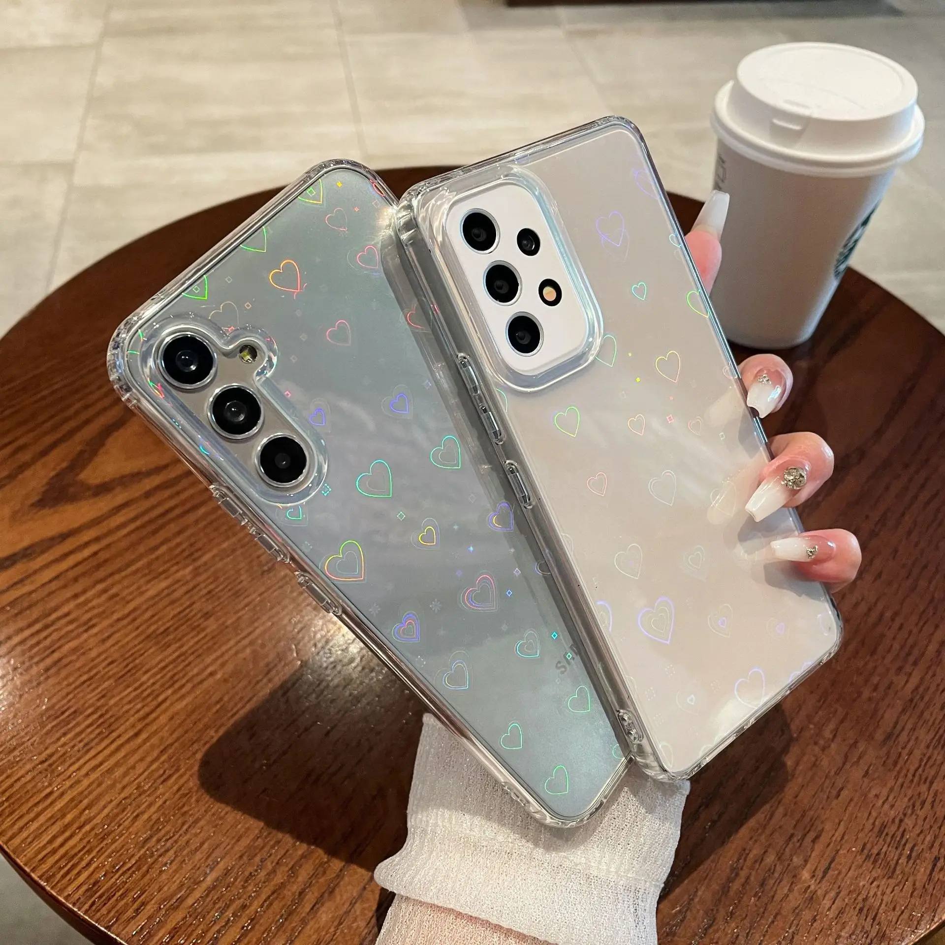 Gradient Laser Love Heart Pattern Glitter Transparent Shockproof Phone Case