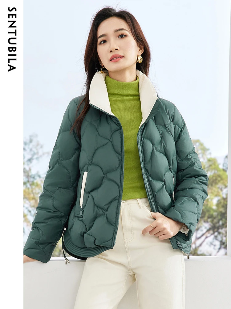 SENTUBILA Women's Loose Warm Down Jacket 2023 Winter Crop White Duck Down Coat Contrast Stand Collar Puffer Jackets W34Y49917