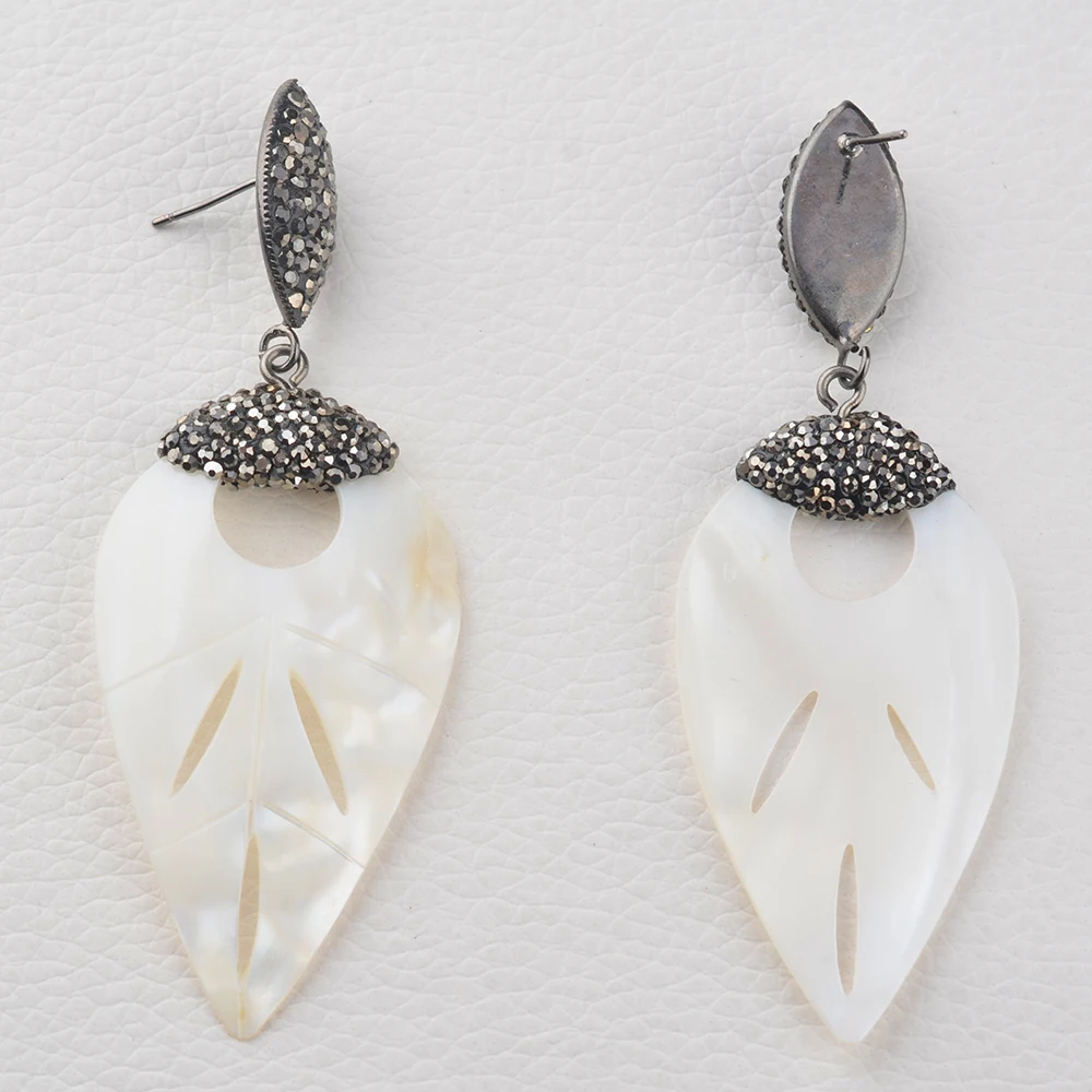 Natural Pinctada Maxima White Mother-of-pearl CZ pave Shining Leaf Earrings Special Grace Gift for Girl Women