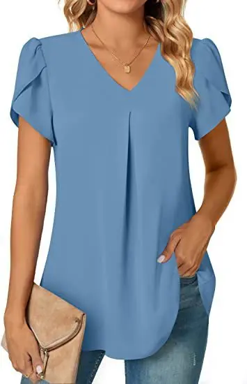 Elegantes Damen Top Bluse Blume 2024 Sommermode Einfachheit Kurzarm Solide V-Ausschnitt Pendler Büro Weibliches Hemd S-XXL