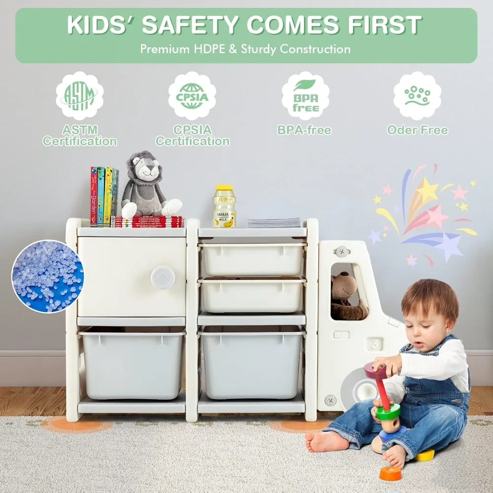 Toy Storage Organizer, Toy Shelf with with 2 Removable Toy Bins, 2 Pull-Out Drawers, Enclosed Cabinet, Kids Bookshelf 6