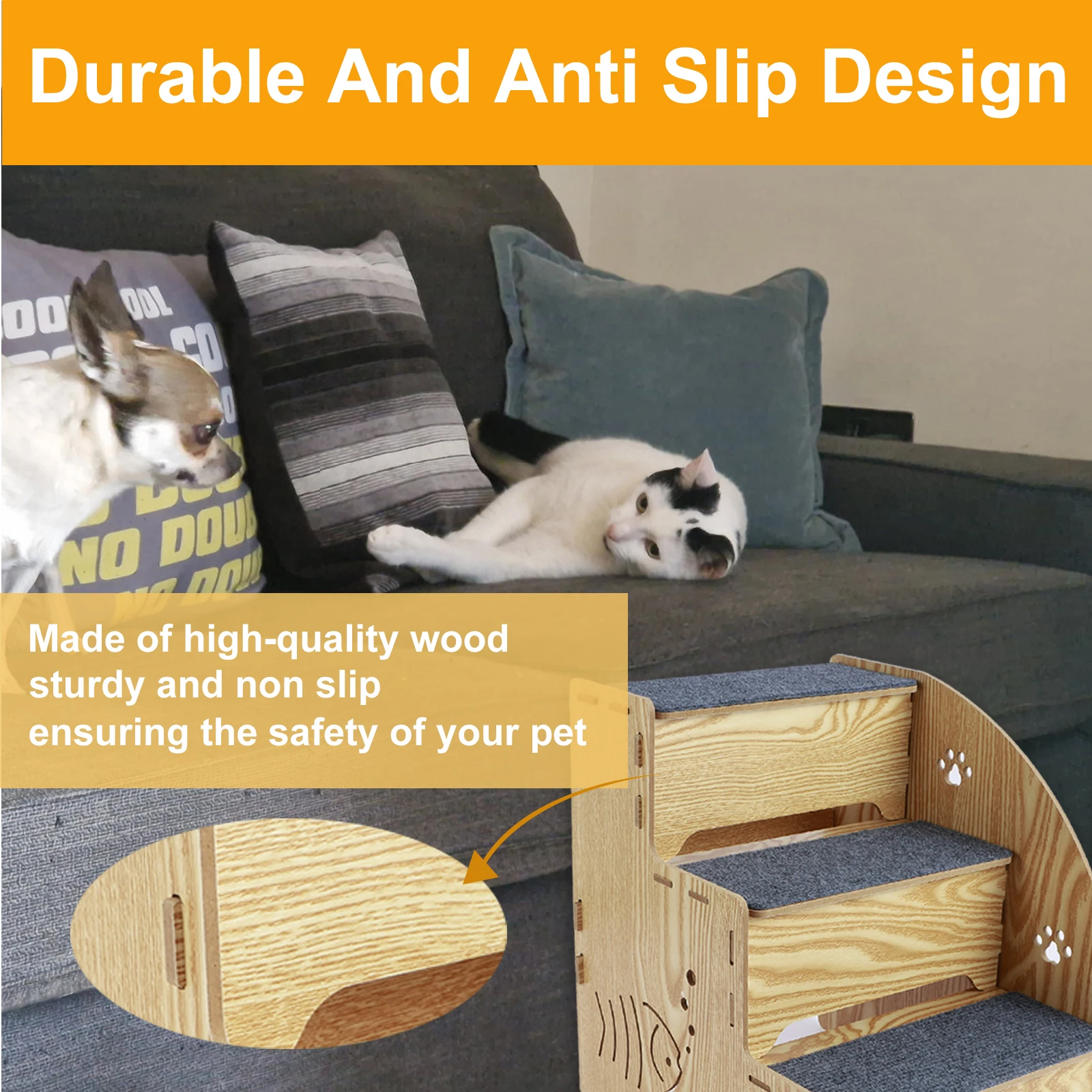 1/2Pcs Wood Dog Ramp Stairs 3 Tiers Pet Steps Non Slip Pet Stairs with Carpeted Fabric Sleek Dogs Bed Supplies