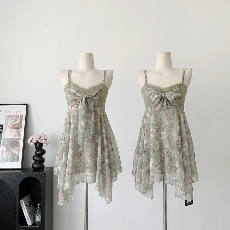 

French Style Suspender Floral Prom Mini Dress For Women Summer 2023 Vintage A-line Irregular Frocks Sexy Evening Party Vestidos