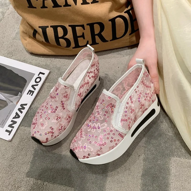 

Platform Wedges Women's Sneakers Floral Embroidery Mesh Sneakers for Women Slip on Casual Comfy Heeled Shoes Woman