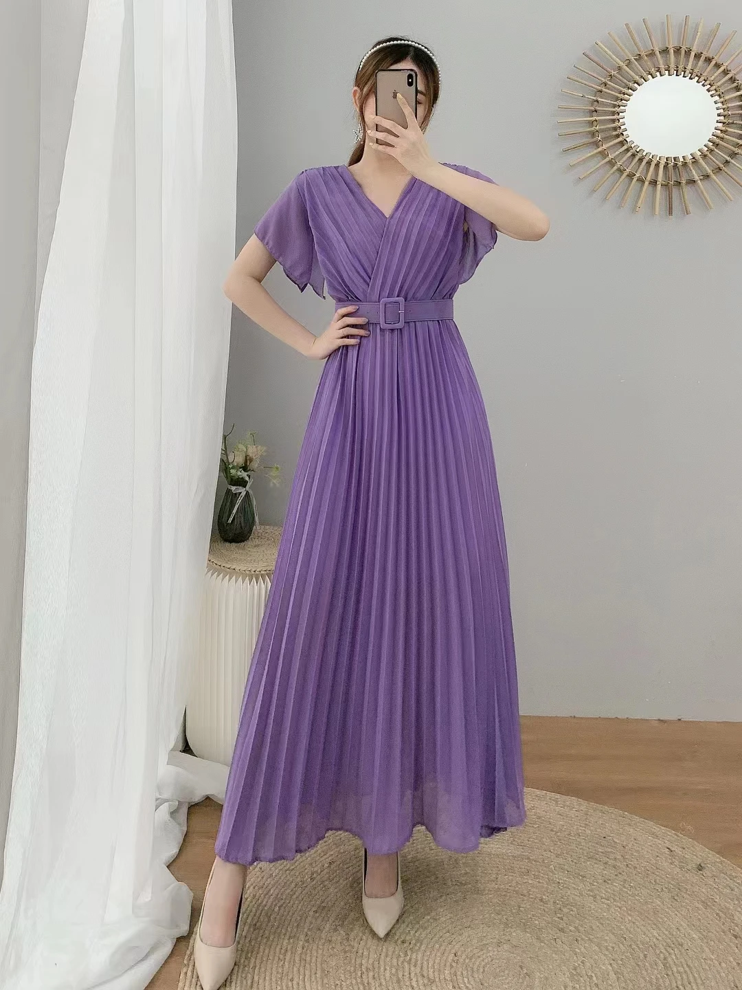 2023-New-Summer-Women-V-Neck-Short-Sleeve-Belt-Slim-Long-Dress-Korean ...