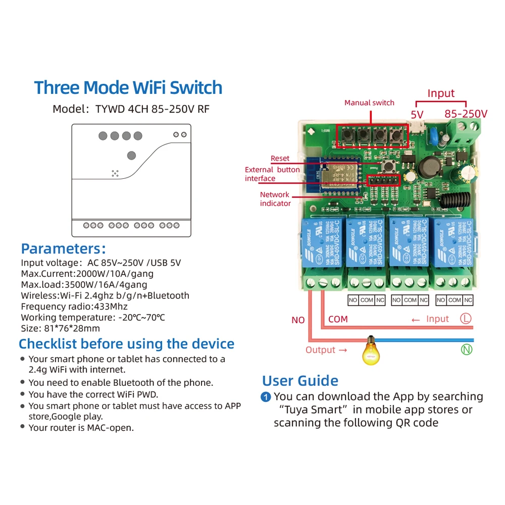 Tuya 4 Channel Smart WiFi 85-250V Switch, APP RF433 Remote Control ,Bluetooth, I