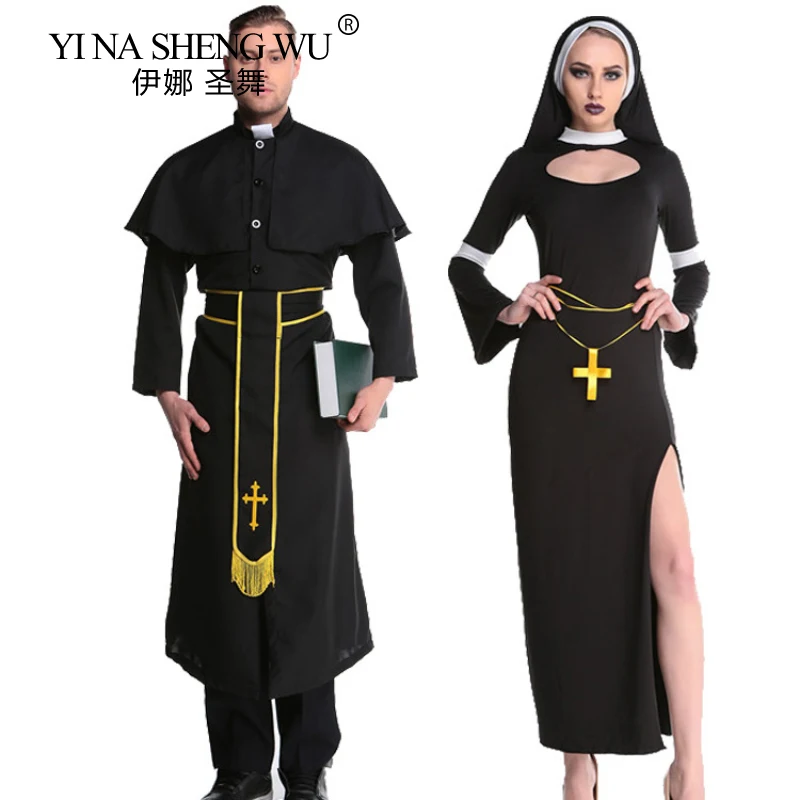 

Halloween Carnival Cosplay Missionary Costume Adult Women Sexy Religious Sister Priest Nun Fancy Dress Role Play Long BlackRobes