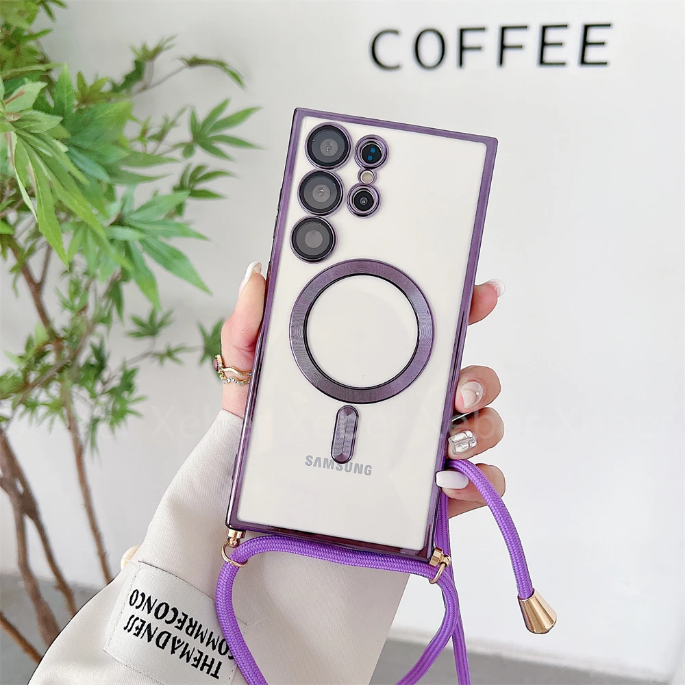 Magnetic Clear Plating Crossbody Necklace Lanyard Case with Lens Glass Cover